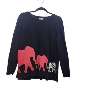 crown & ivy Navy Crewneck Sweater with Pink & White Elephant Motif